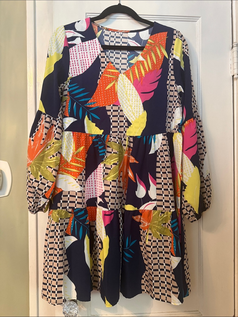 Vibrant Navy Tunic Long Sleeve V Neck, Casual Swing Shift Dress - Multicolor
